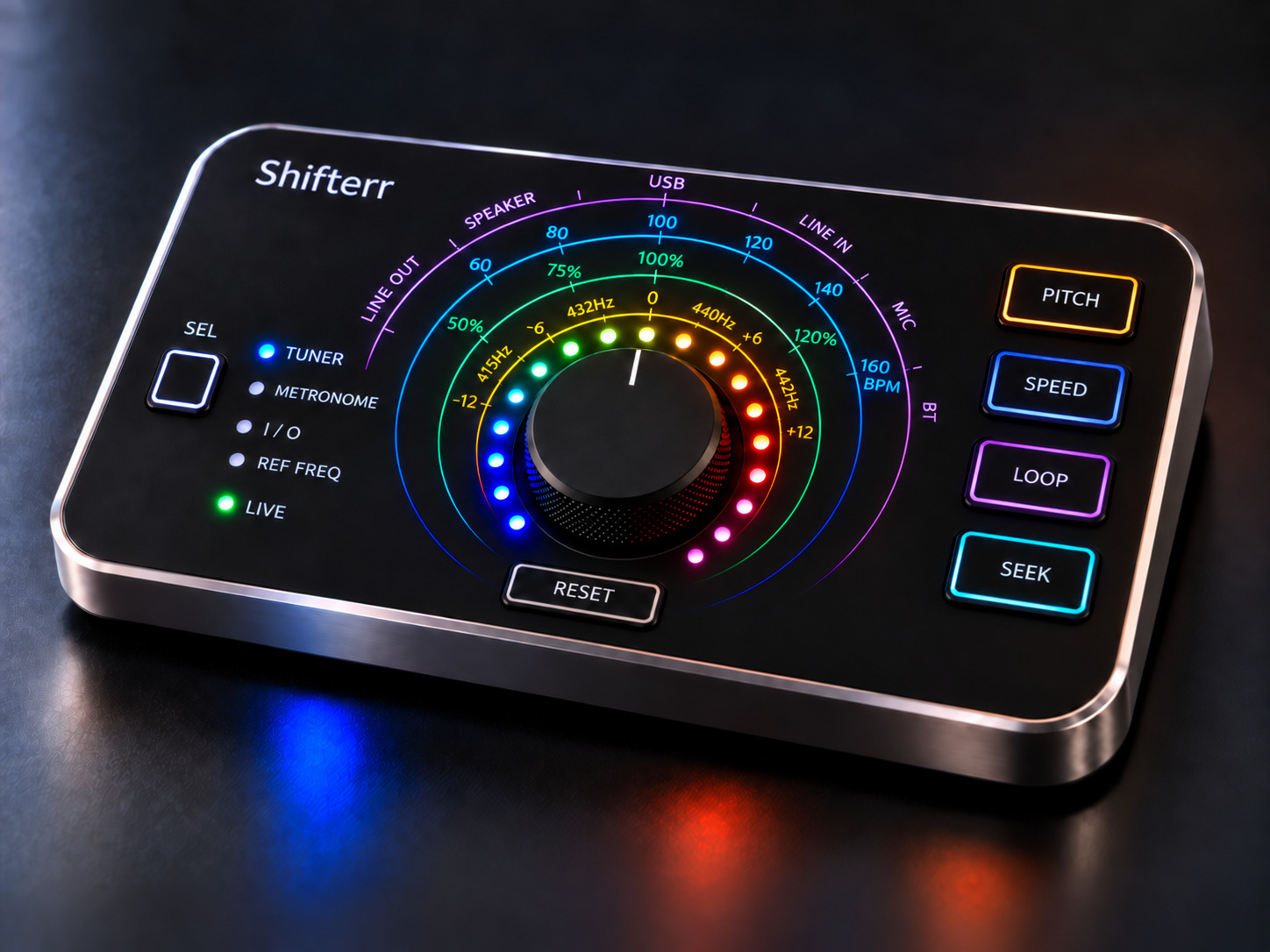 Shifterr product design render showing a central rotary dial and physical pitch, speed, loop and seek controls
